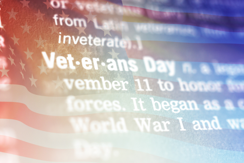 Dictionary definition of Veterans Day on an American flag background